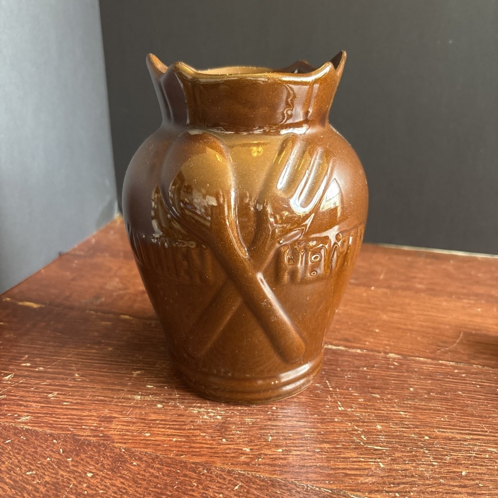 Vintage Brown Glazed Pottery Kitchen Helper Utensil Cannister Jar 6.5" Tall